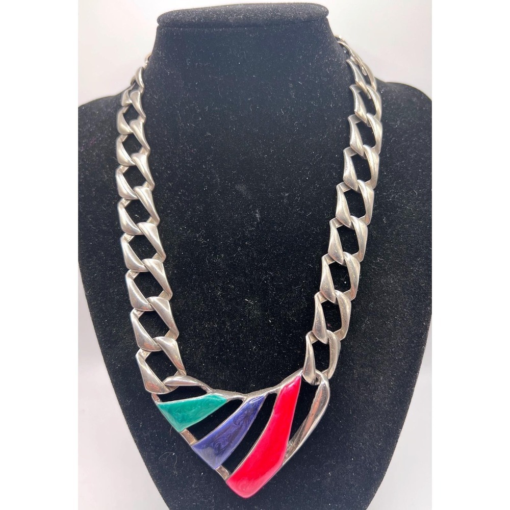 Vintage Chunky Silver Tone Necklace Colorful Lucite‎ Inlay 24" Statement